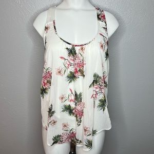 Ambiance Floral Print Racerback CrissCross Back Tank Top. Side Medium
